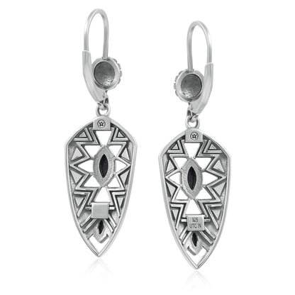 Sterling Silver Marquise Black Agate Patterned Lever Back Earrings 