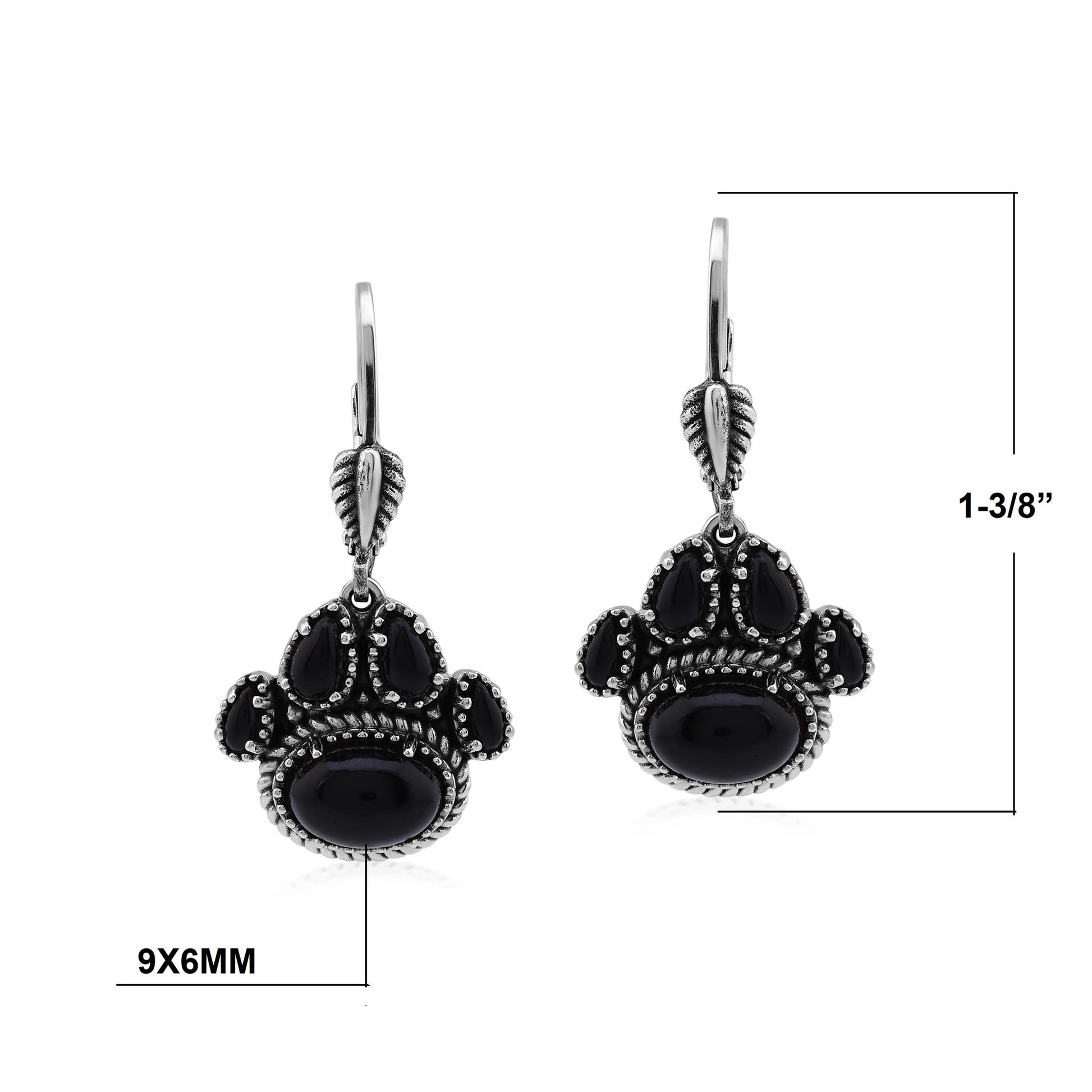Sterling Silver Black Onyx Pawprint Lever Back Earrings