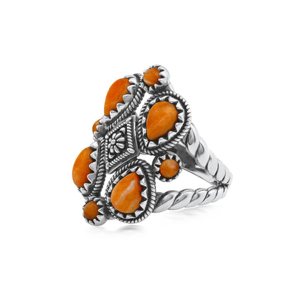Sterling Silver Orange Spiny Oyster 4 Pear and Round Cut Cluster Ring