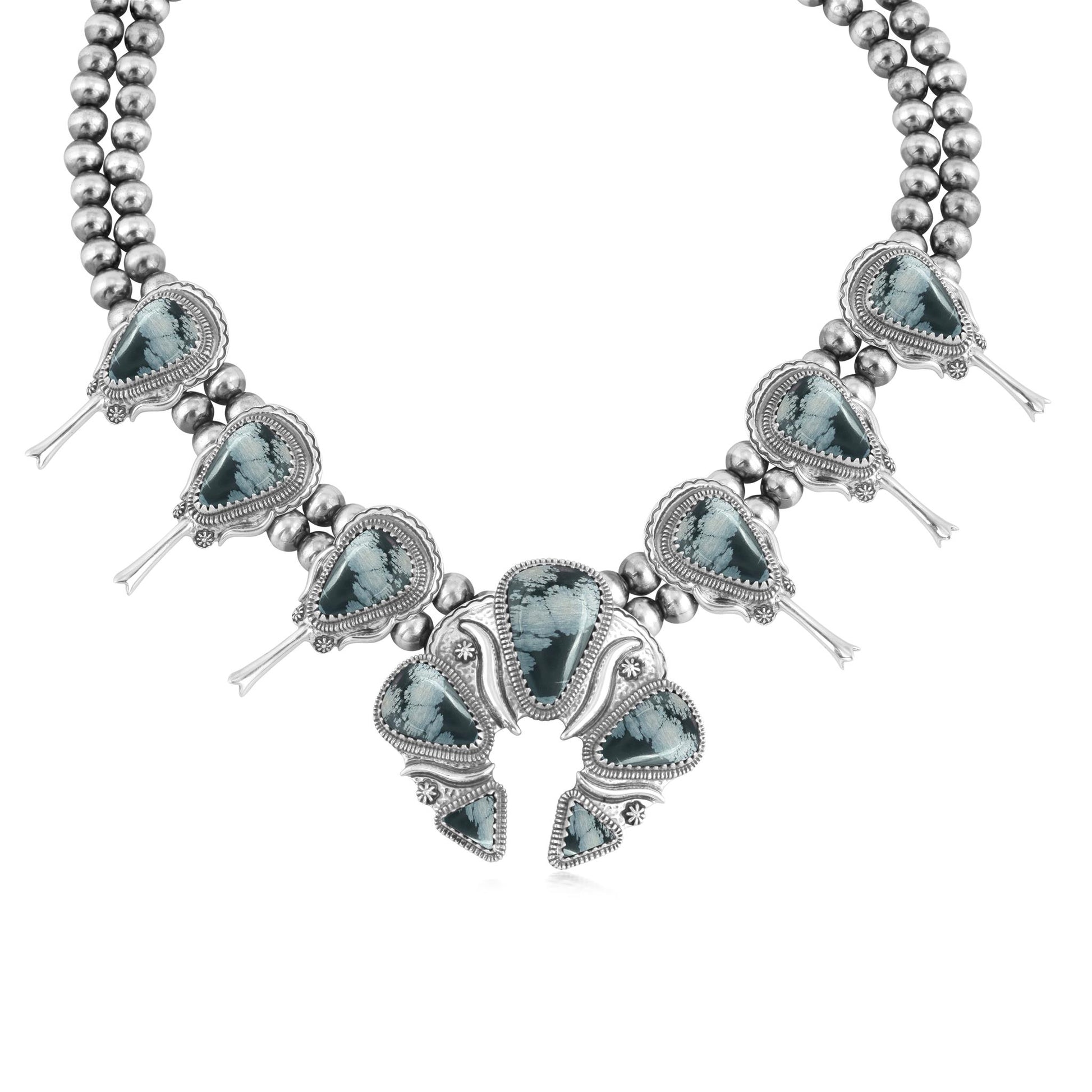 Sterling Silver Snowflake Obsidian Large Naja Squash Blossom Necklace