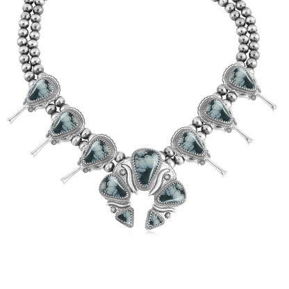 Sterling Silver Snowflake Obsidian Large Naja Squash Blossom Necklace