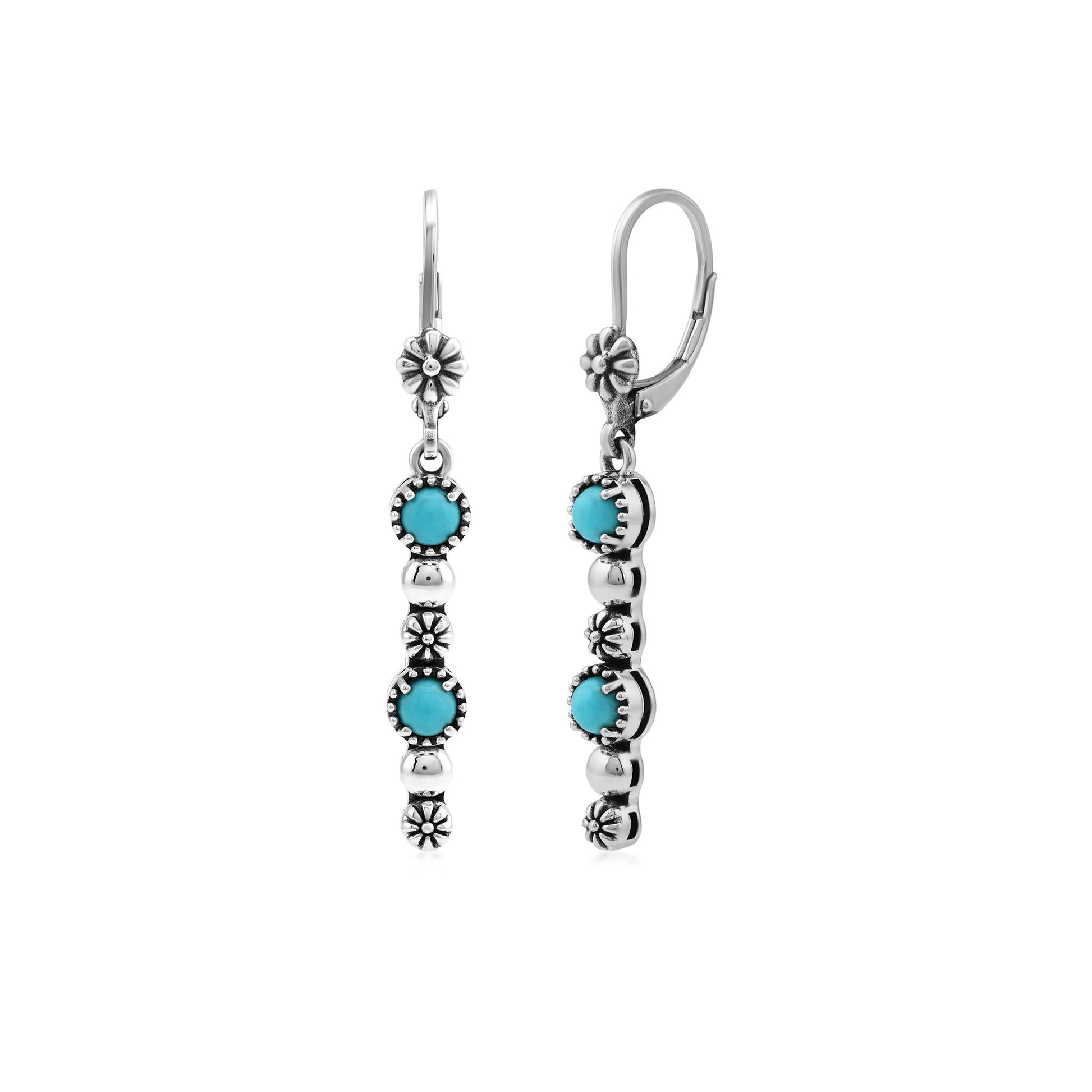 Sterling Silver Sleeping Beauty Turquoise Round Gemstone and Concha Linear Lever Back Earrings