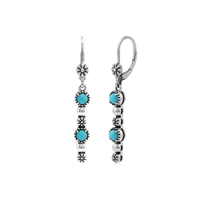 Sterling Silver Sleeping Beauty Turquoise Round Gemstone and Concha Linear Lever Back Earrings