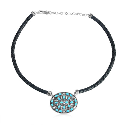 Sterling Silver Kingman Turquoise Oval Pendant Black Leather Necklace
