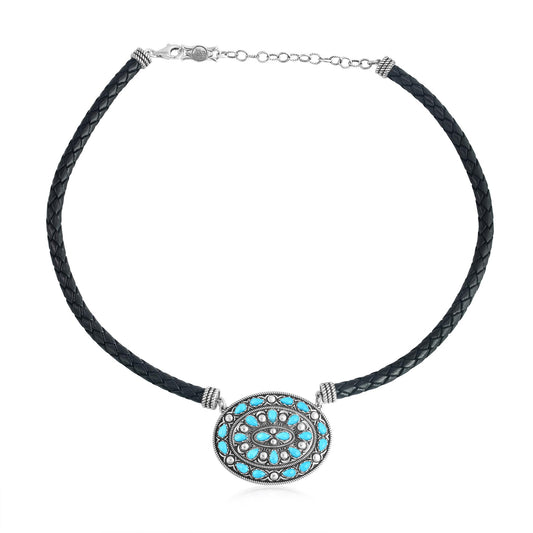 Sterling Silver Kingman Turquoise Oval Pendant Black Leather Necklace