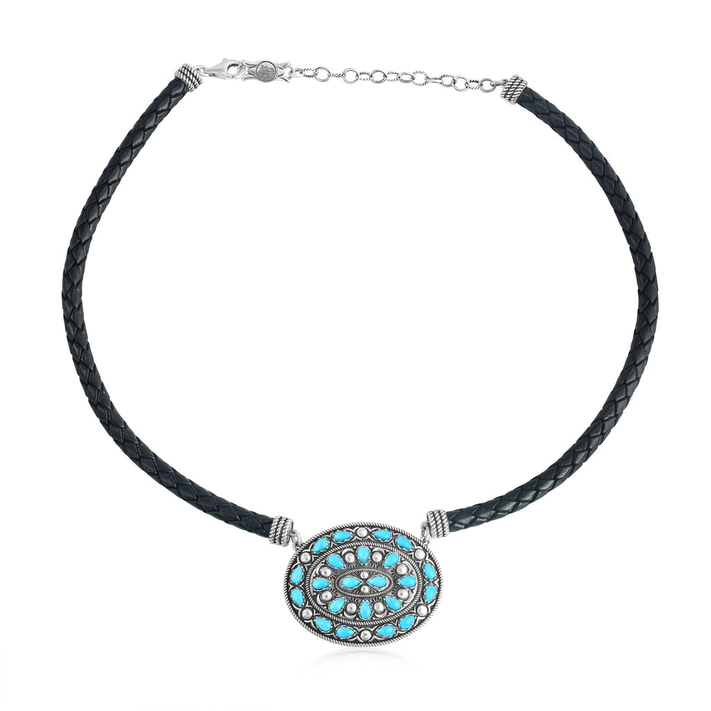 Sterling Silver Kingman Turquoise Oval Pendant Black Leather Necklace, 17 to 20 Inches