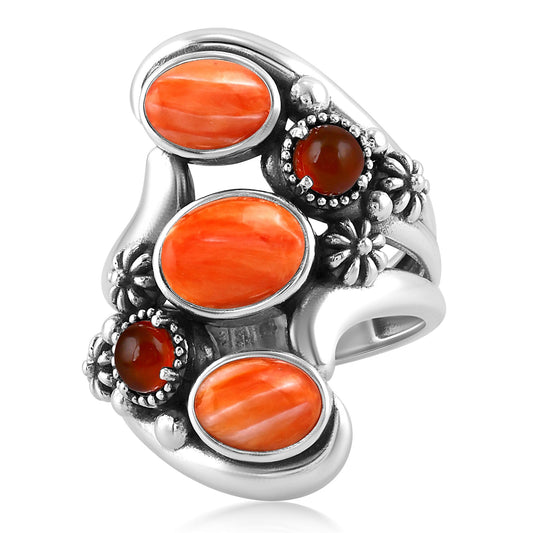 Sterling Silver Orange Spiny Oyster and Red Onyx Freeform Bypass Ring