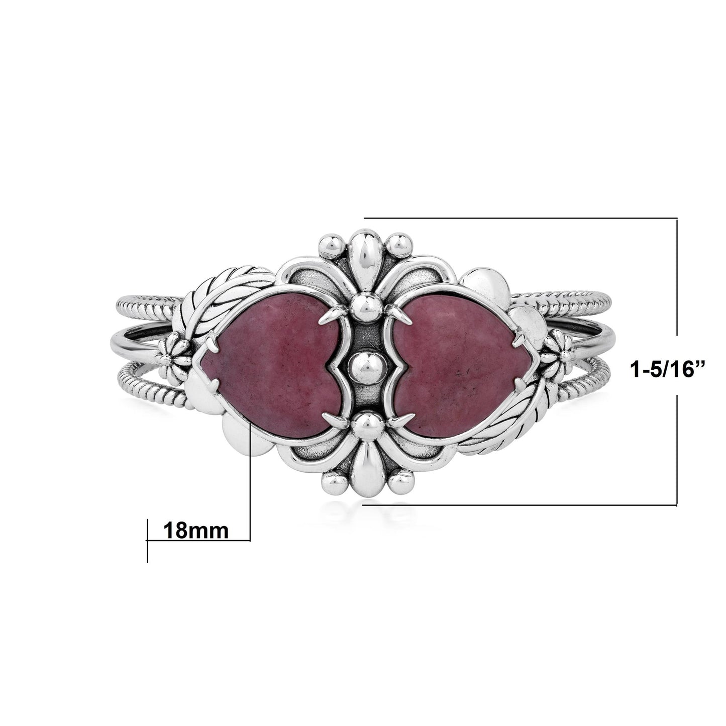 EXCLUSIVELY OURS! Sterling Silver Rhodonite Double Heart Cuff Bracelet, Sizes Small to Large