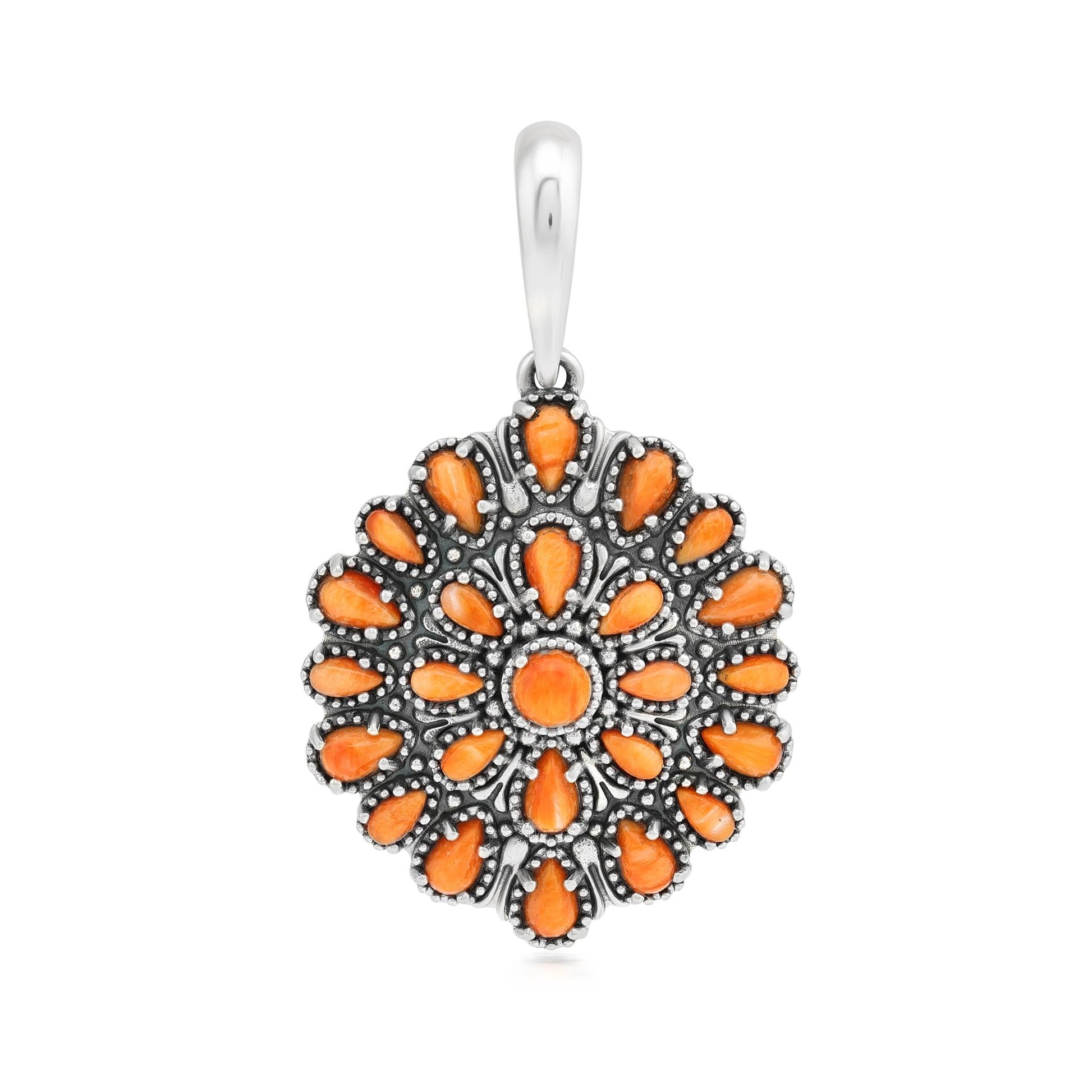 Sterling Silver Orange Spiny Oyster Petit Point Round Pendant Enhancer