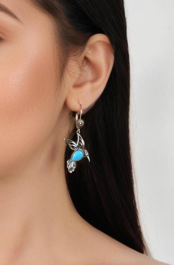 Sterling Silver Kingman Turquoise Hummingbird Earrings