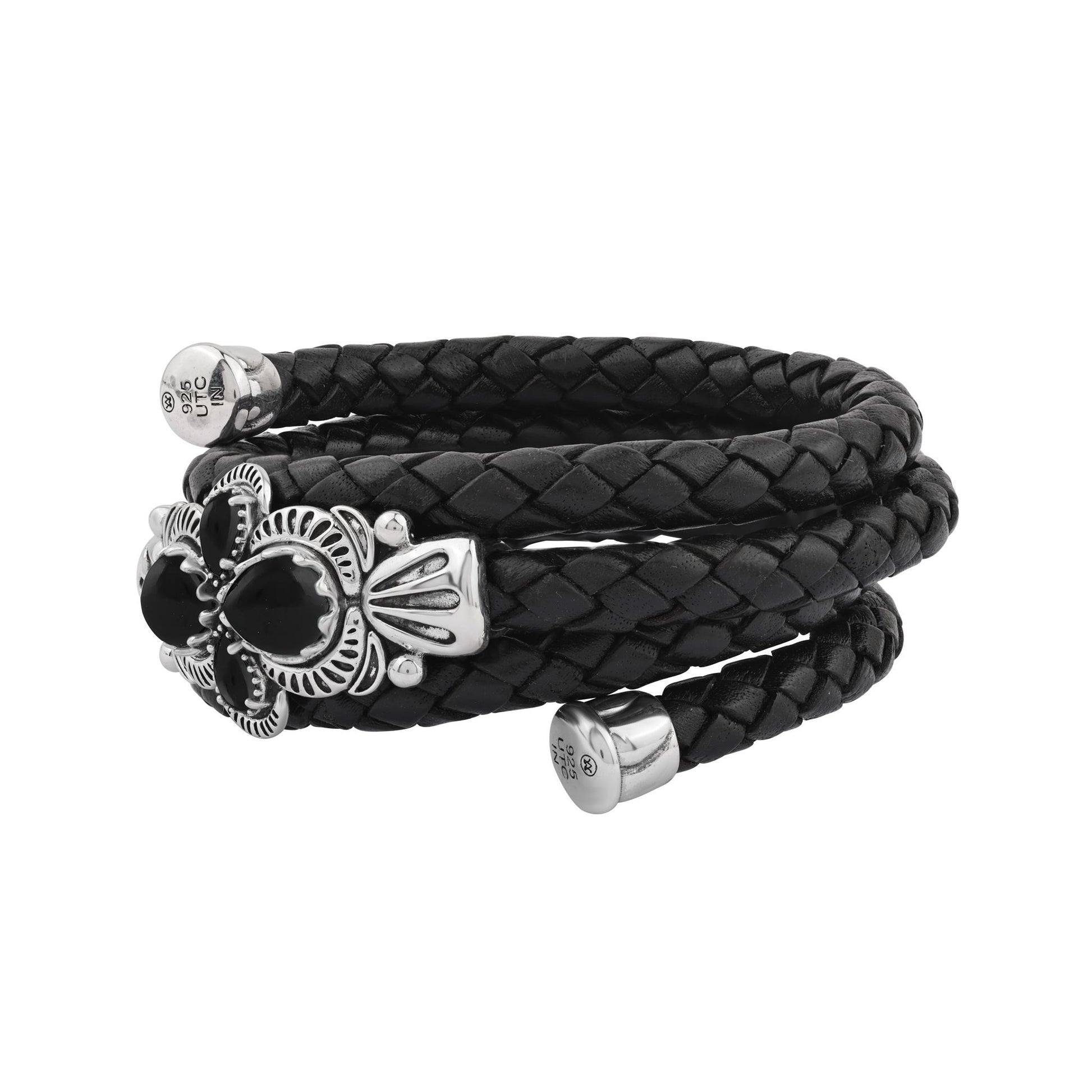  Sterling Silver Black Onyx Pear Cluster Black Leather Wrap Bracelet 