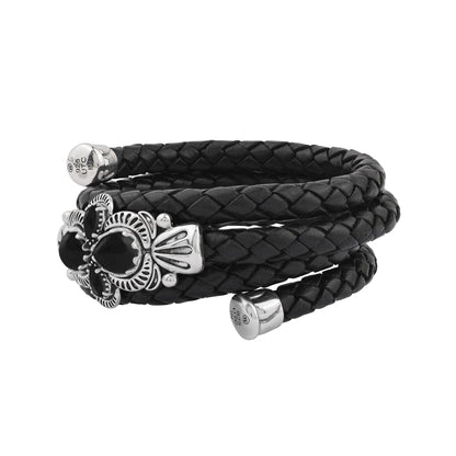  Sterling Silver Black Onyx Pear Cluster Black Leather Wrap Bracelet 