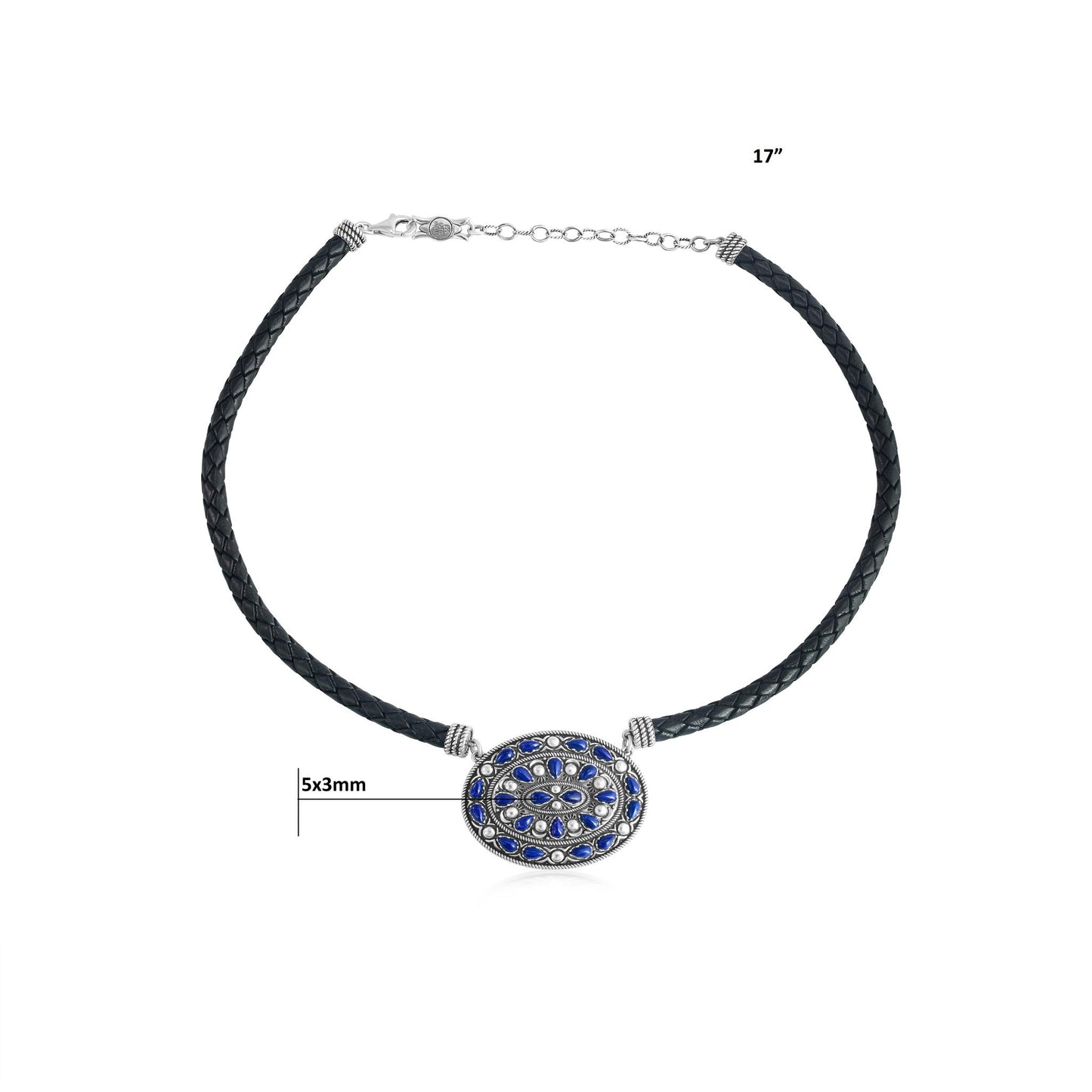 Sterling Silver Lapis Oval Pendant Black Leather Necklace
