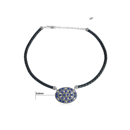 Sterling Silver Lapis Oval Pendant Black Leather Necklace