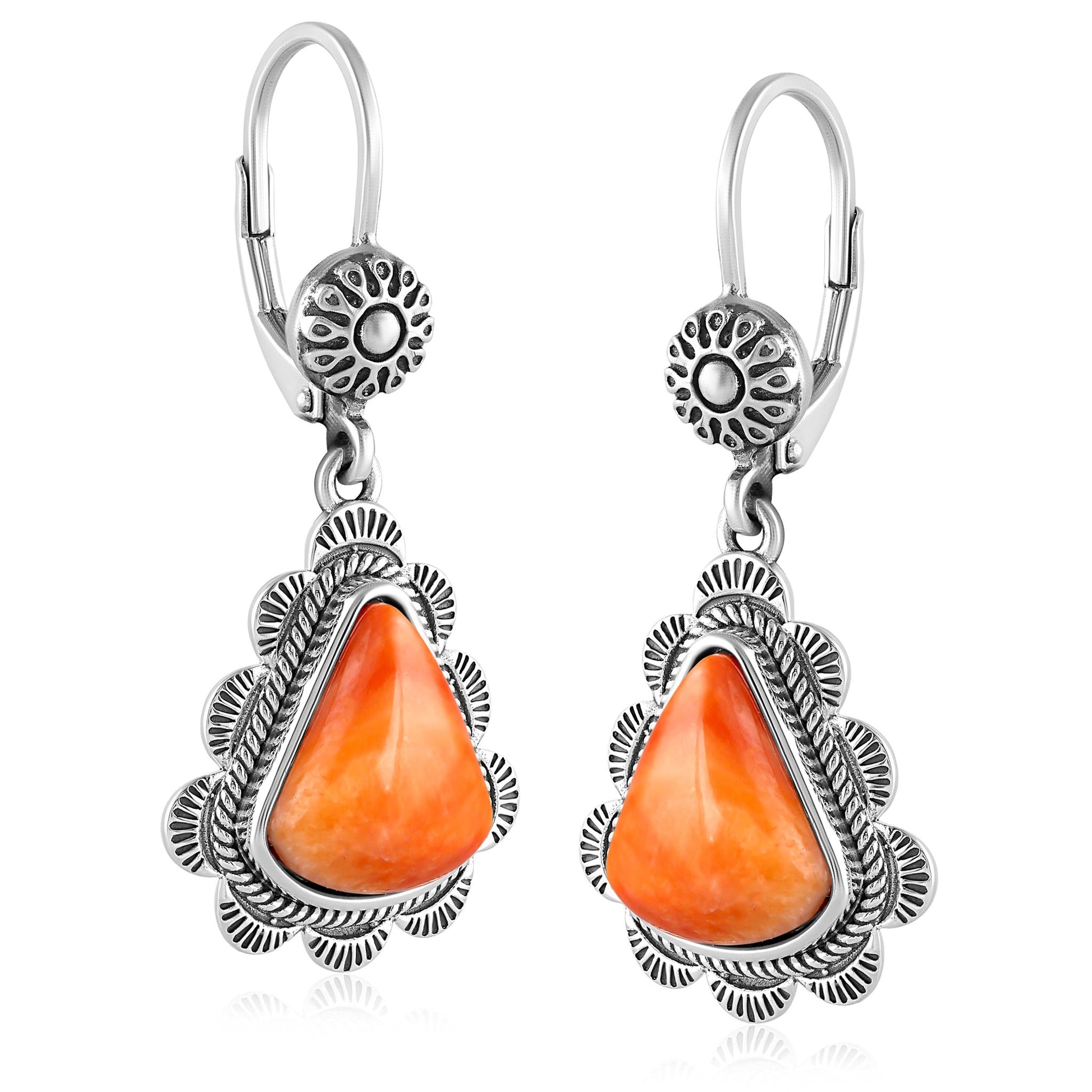 LIMITED EDITION! Sterling Silver Orange Spiny Oyster Scalloped Triangle Cut Dangle Earrings