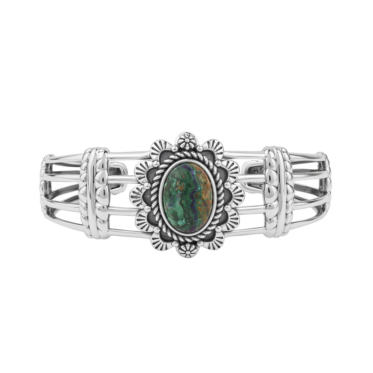 Sterling Silver Azurite Oval Scallop Open Cuff Bracelet, Sizes Small to Large