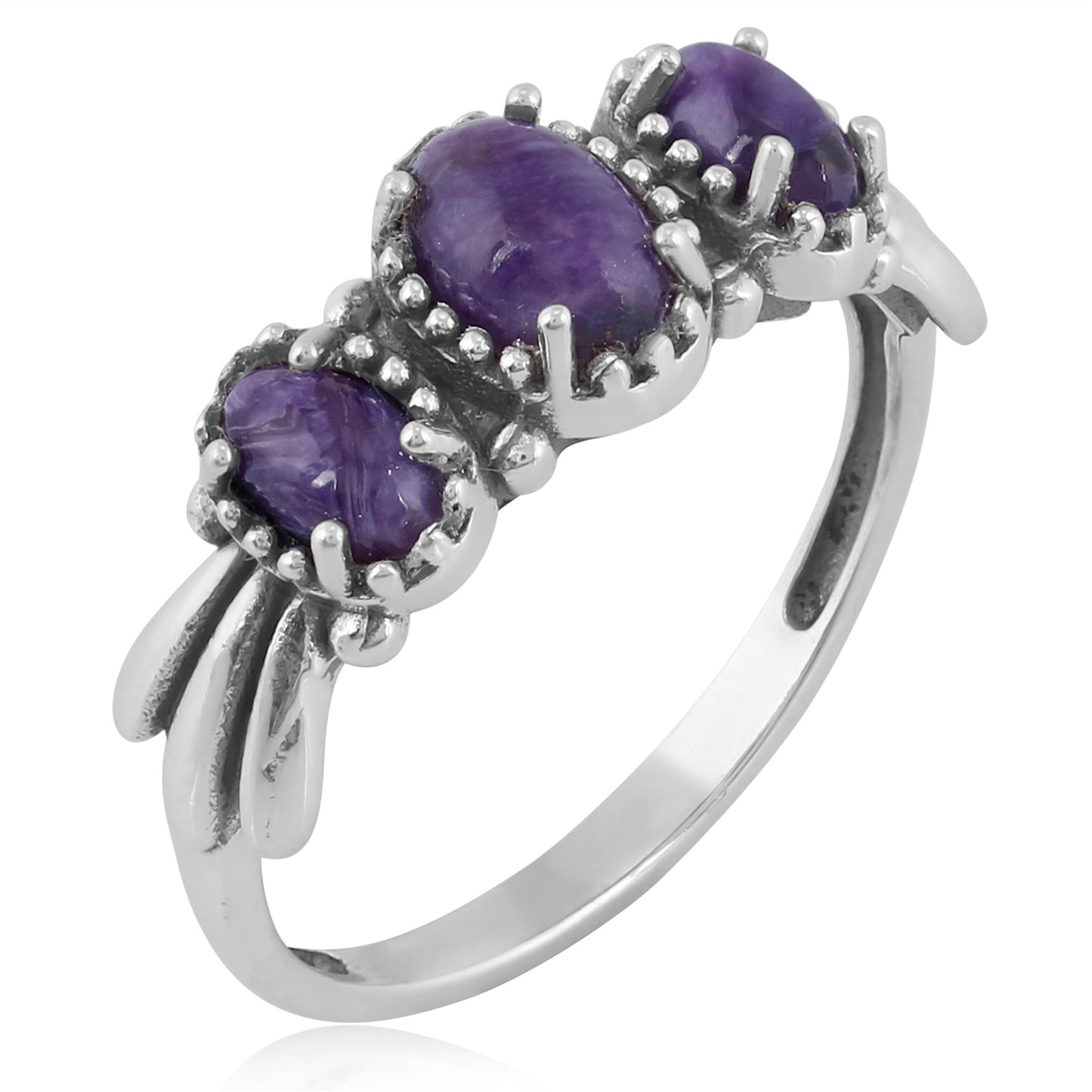 Sterling Silver Charoite 3-Stone Fan Ring