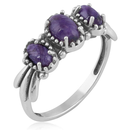 Sterling Silver Charoite 3-Stone Fan Ring