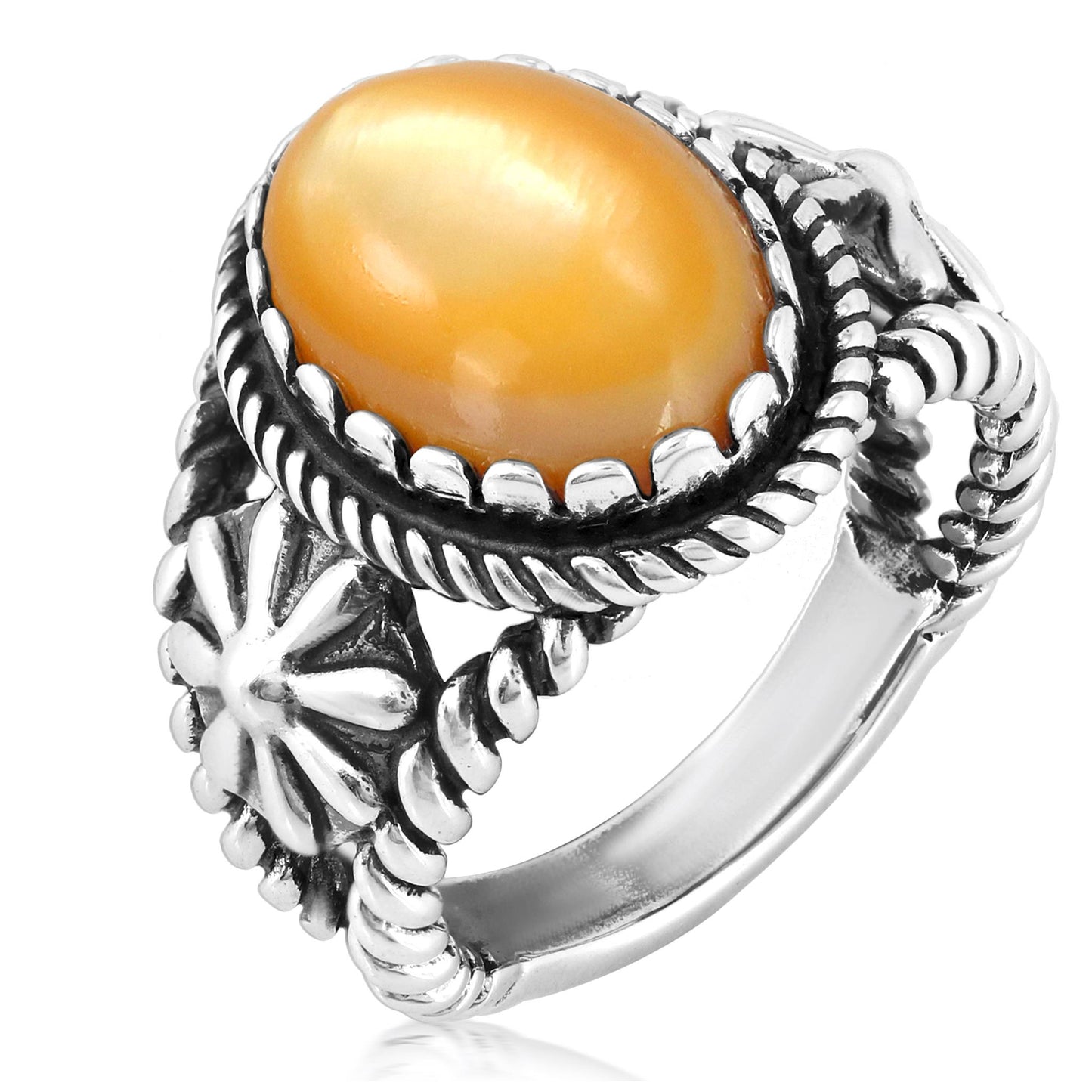 Sterling Silver Yellow Mother of Pearl Concha Flower Ring