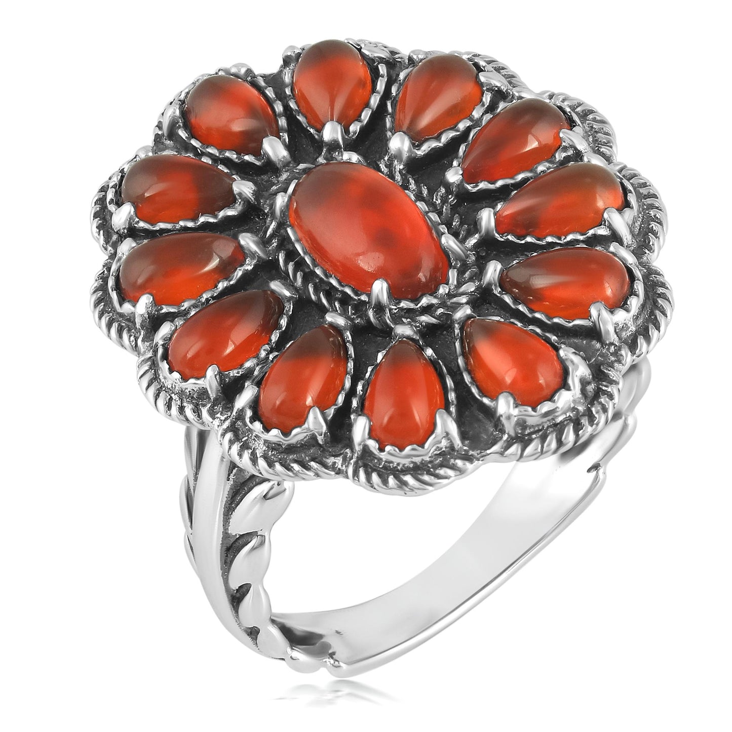 Sterling Silver Red Onyx Gemstone Flower Cluster Ring, Sizes 5 to 10