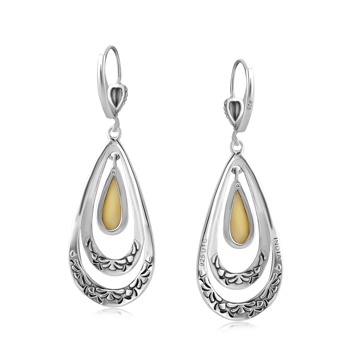 Sterling Silver Yellow Mother of Pearl Open Teardrop Lever Back Earrings