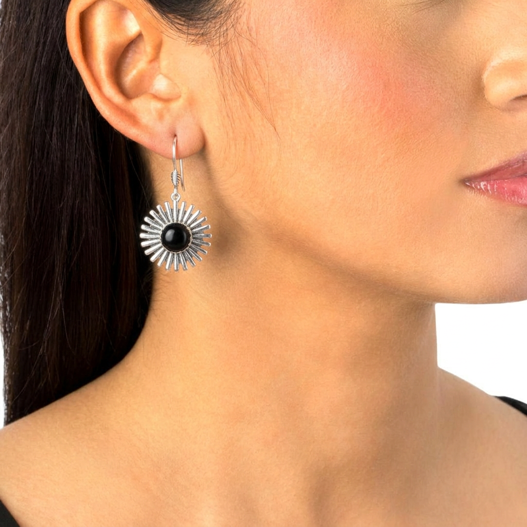  Sterling Silver Black Onyx Concha Ray Earrings