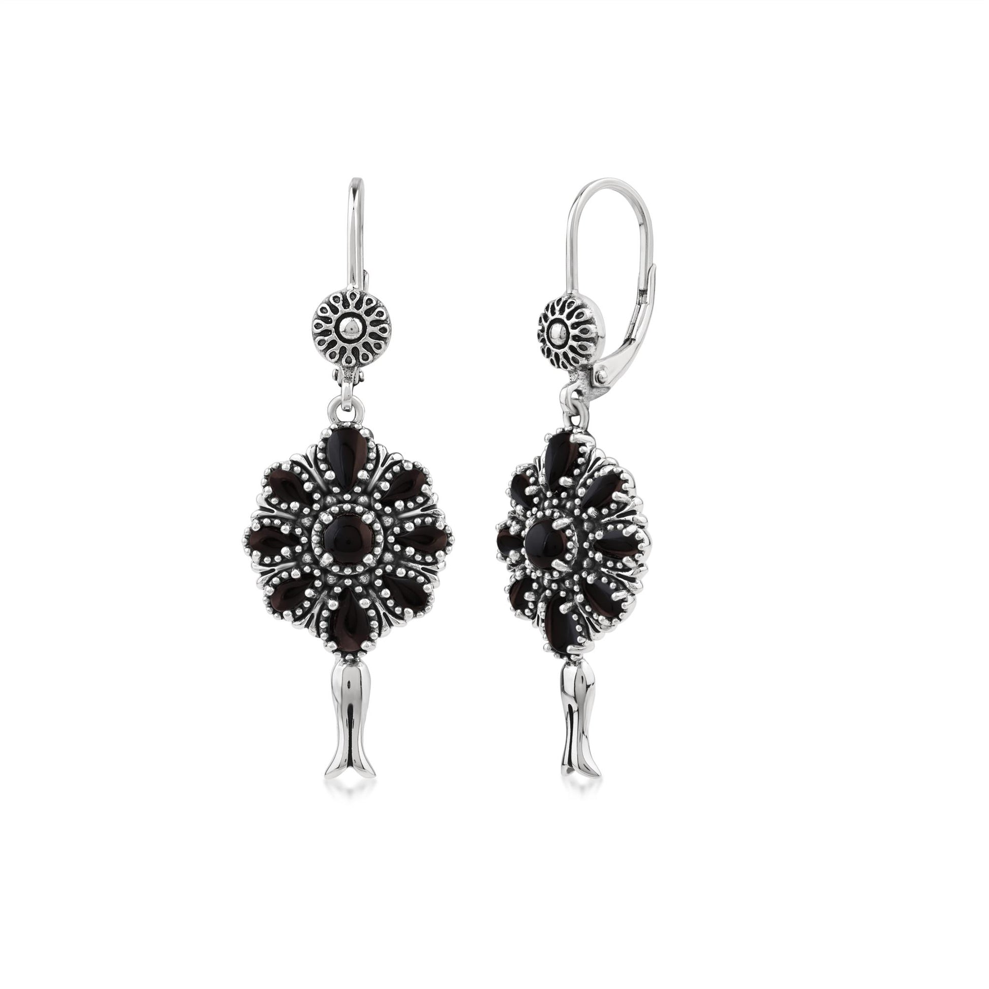  Sterling Silver Black Onyx Flower Cluster Squash Blossom Earrings