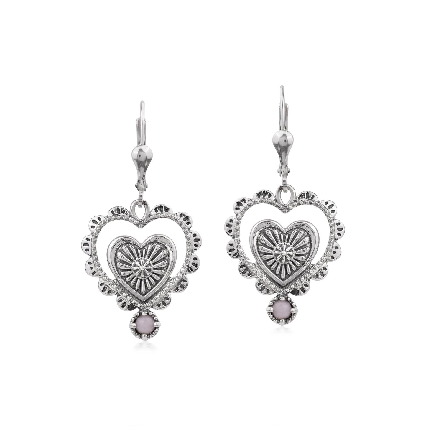 EXCLUSIVELY OURS! Sterling Silver Pink Opal Concha Heart Lever Back Earrings