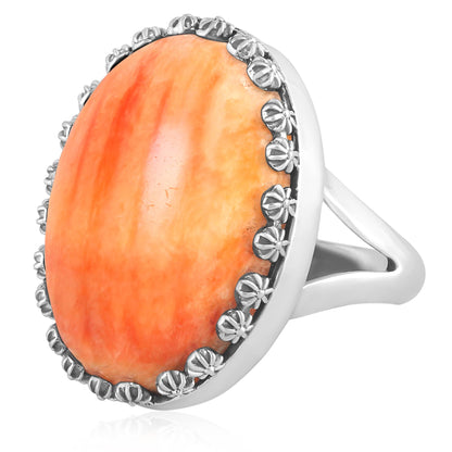 Sterling Silver Orange Spiny Oyster Concha Flower Border Oval Cut Ring, Sizes 5 to 10