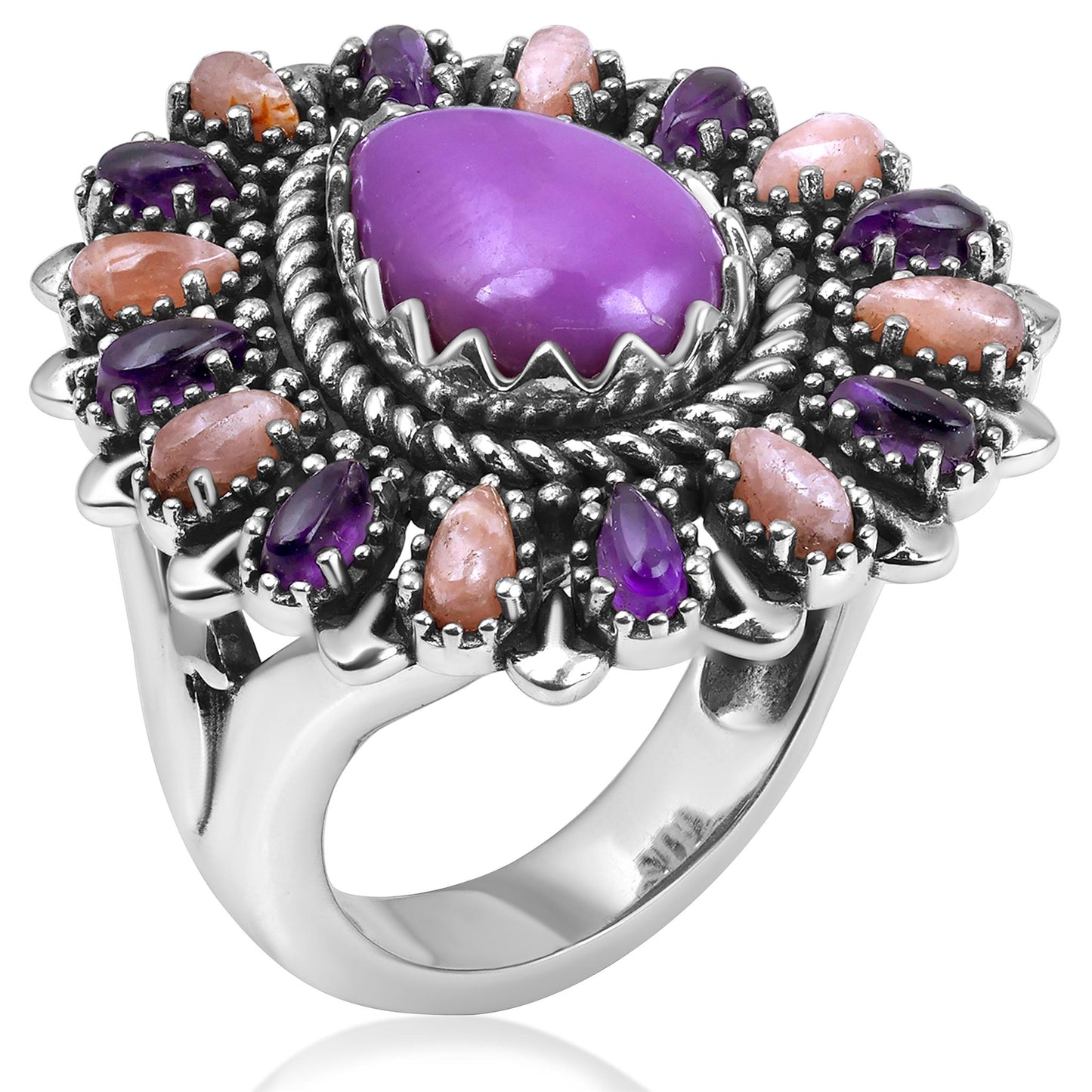 Sterling Silver Phosphosiderite, Rhodochrosite and Amethyst Pear-Shaped Cluster Ring