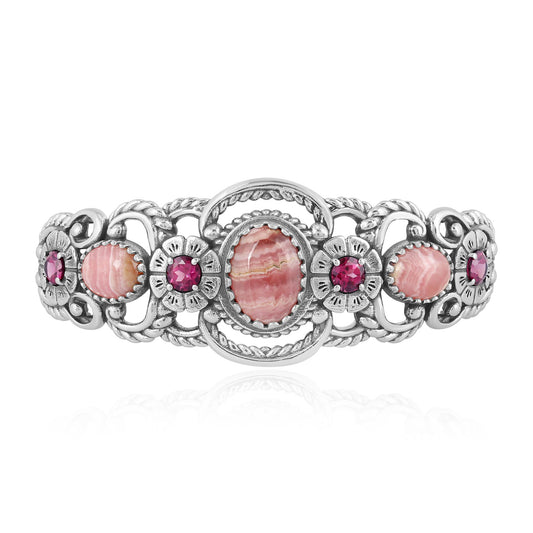 Sterling Silver Rhodochrosite and Rhodolite Garnet Desert Bloom Cuff Bracelet
