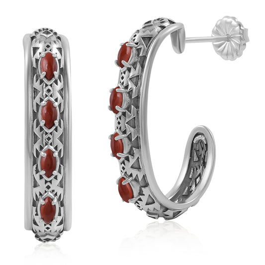 Sterling Silver Red Jasper Patterned J-Hoop 1 Inch Earrings 