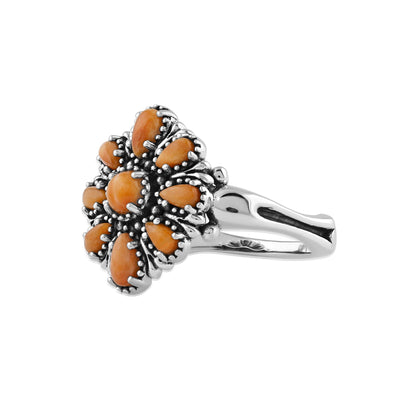  Sterling Silver Orange Spiny Oyster Flower Cluster Ring