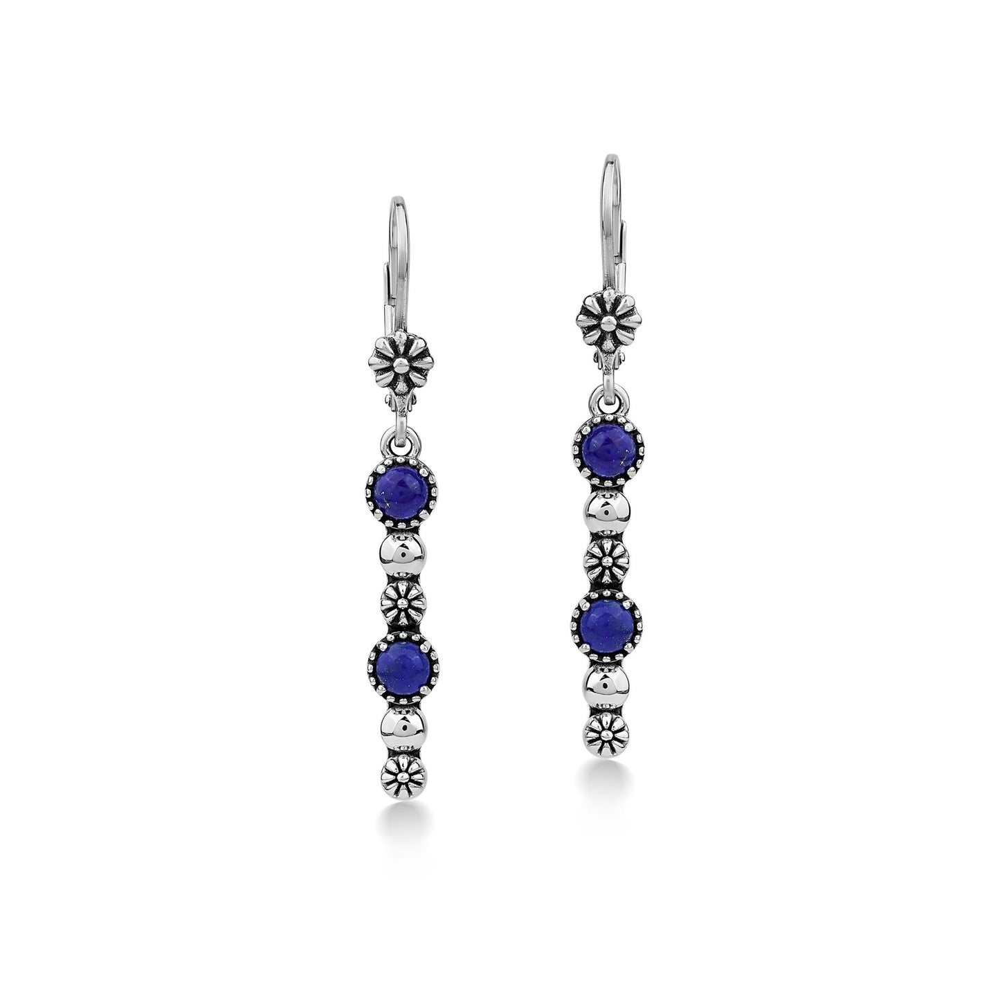 Sterling Silver Lapis Round Gemstone and Concha Linear Lever Back Earrings
