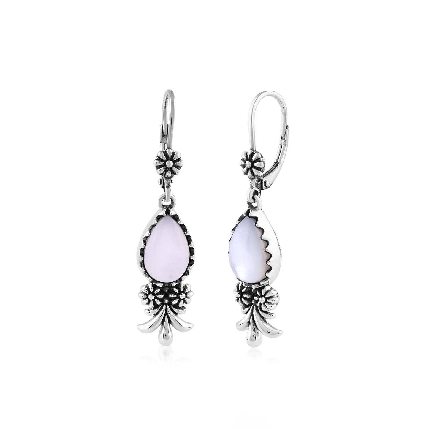  Sterling Silver White Mother of Pearl Teardrop Concha Squash Blossom Dangle Earrings