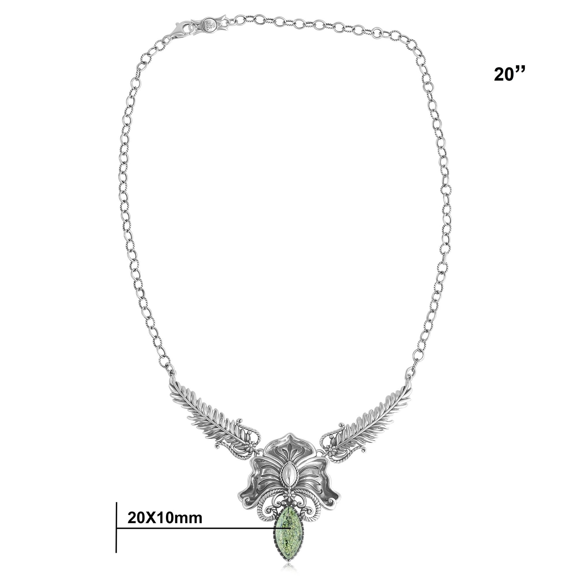 Sterling Silver Serpentine Cactus Flower Marquise Feather Necklace 