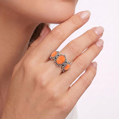 Sterling Silver Orange Spiny Oyster Concha 3 Stone Ring, Sizes 5 to 11