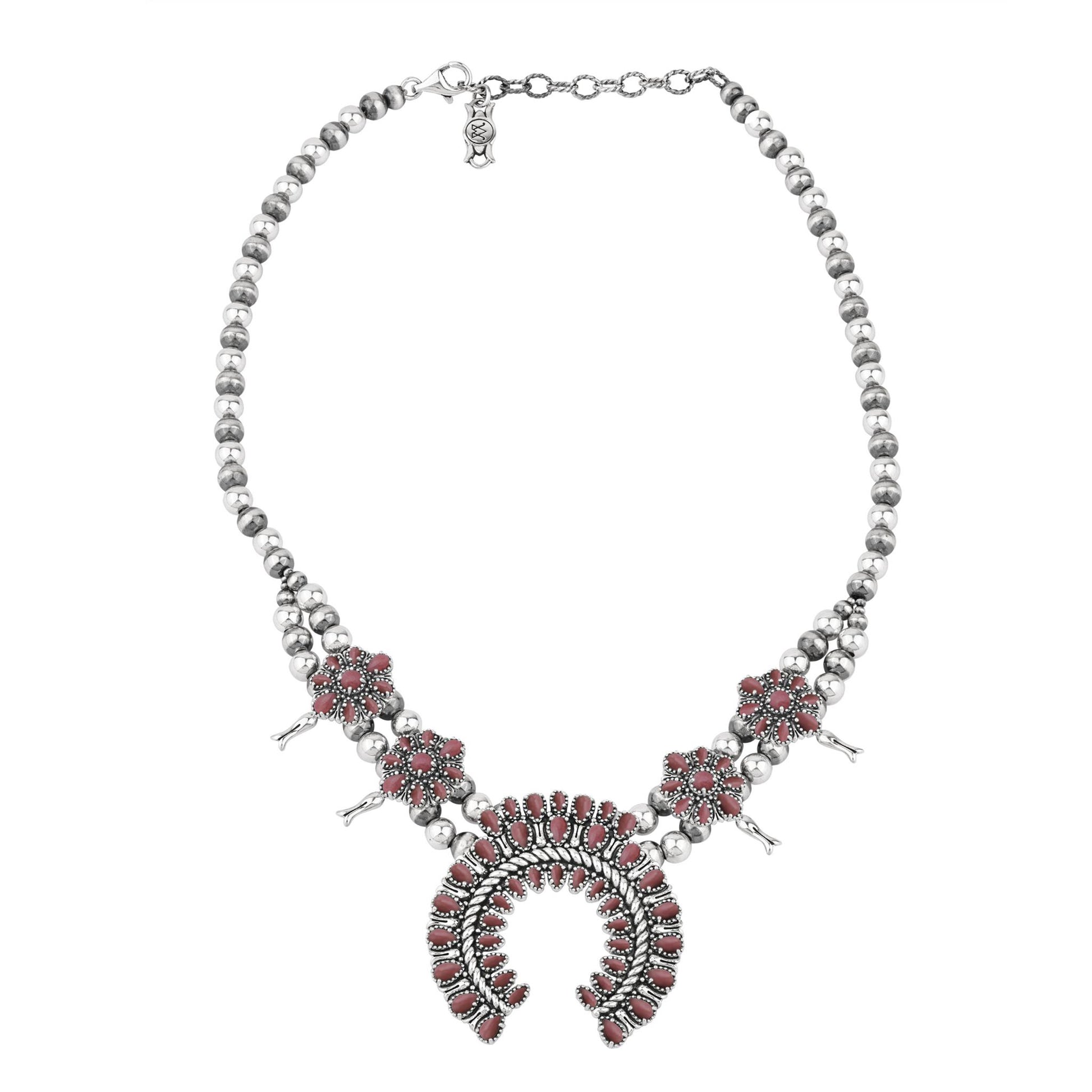 Sterling Silver Rhodonite Petit Point Naja Squash Blossom Necklace