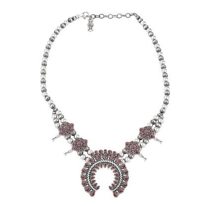  Sterling Silver Rhodonite Petit Point Naja Squash Blossom Necklace