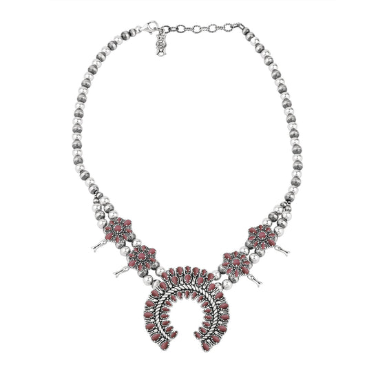  Sterling Silver Rhodonite Petit Point Naja Squash Blossom Necklace