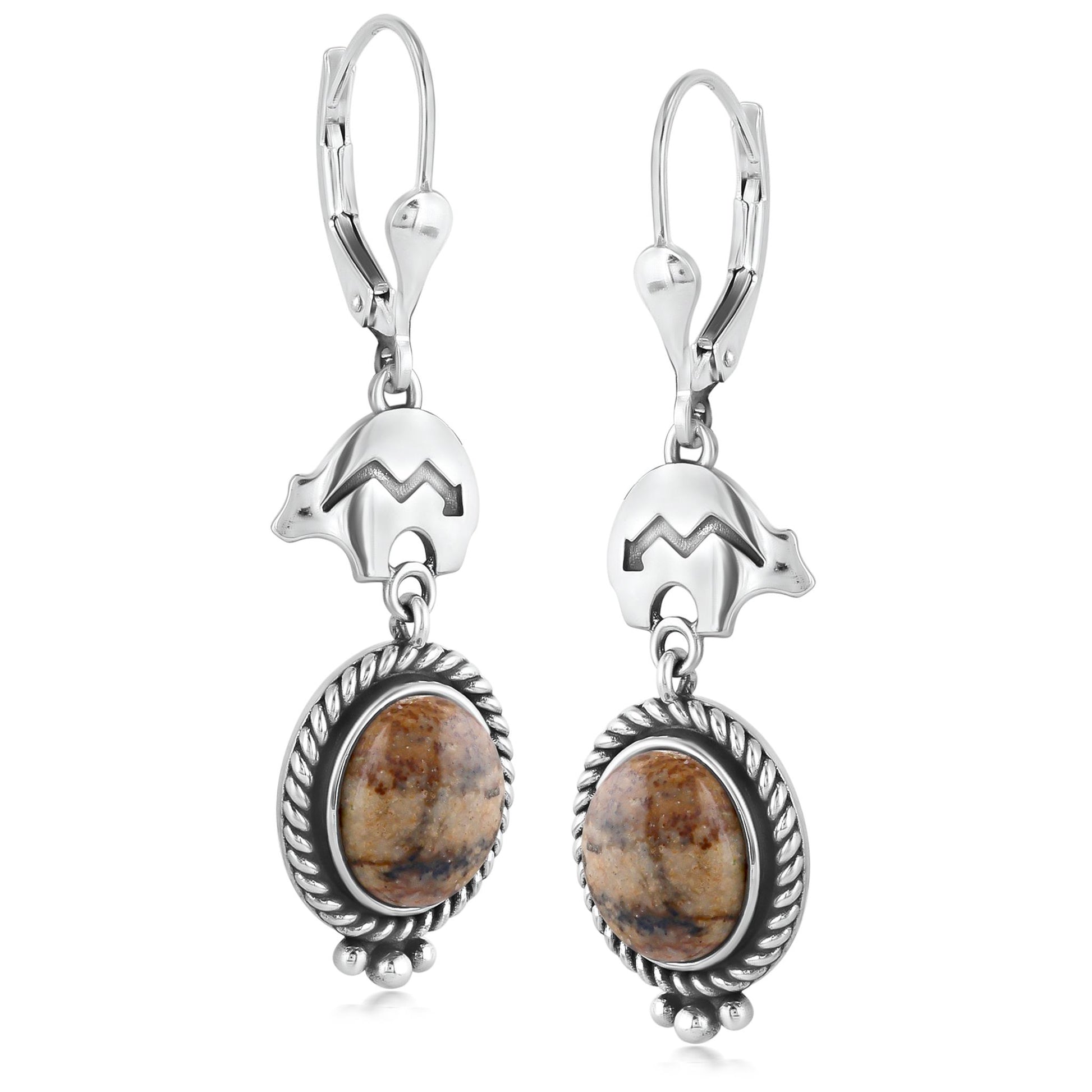 Sterling Silver Picture Jasper Bear Design Drop and Dangle Earrings