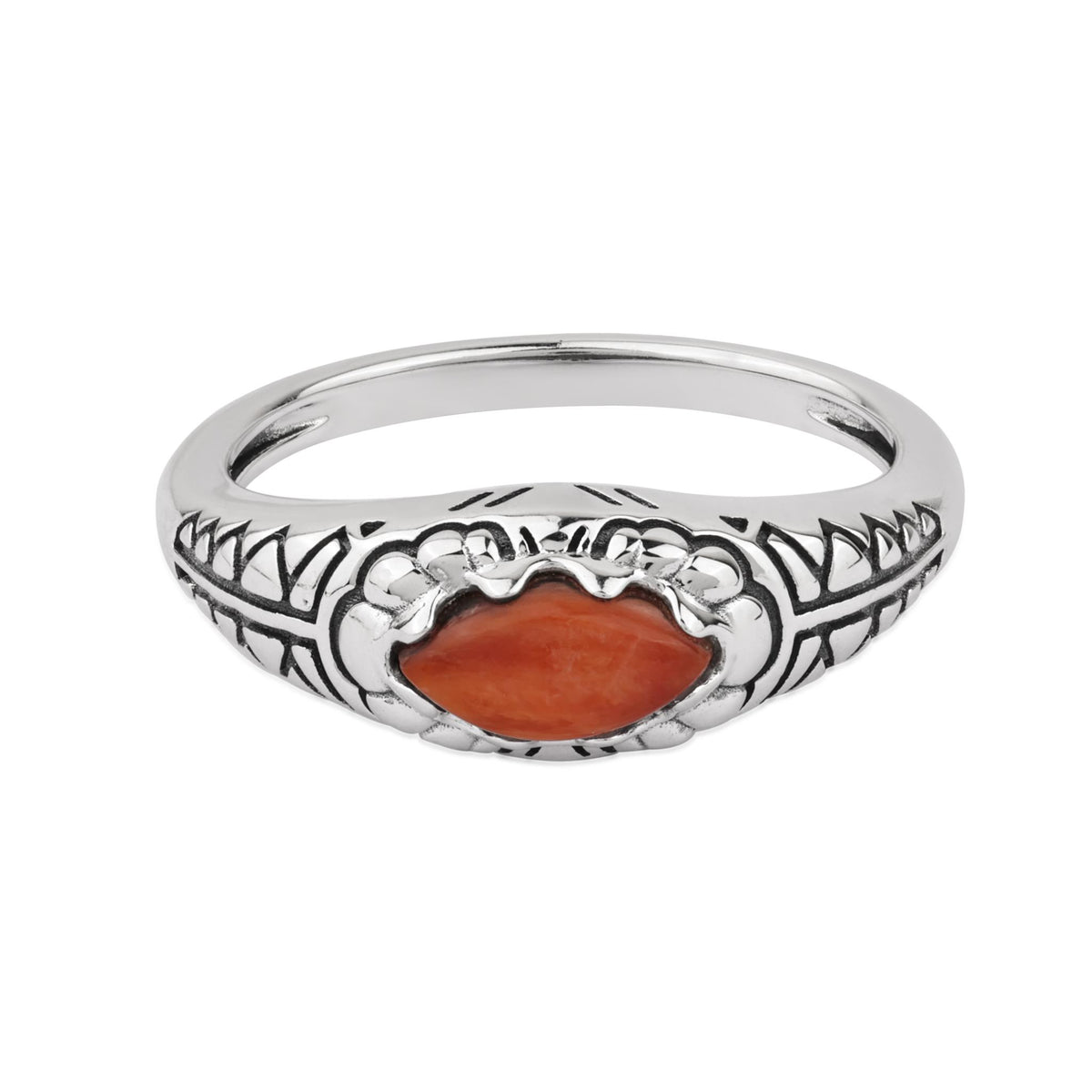 Sterling Silver Orange Spiny Oyster Marquise Gemstone Etched Ring, Sizes 5 to 11