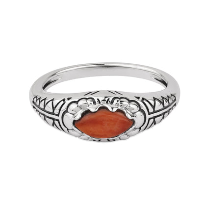 Sterling Silver Orange Spiny Oyster Marquise Gemstone Etched Ring, Sizes 5 to 11
