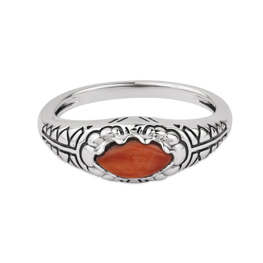 Sterling Silver Orange Spiny Oyster Marquise Gemstone Etched Ring, Sizes 5 to 11