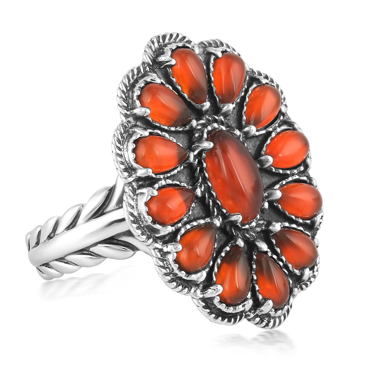 Sterling Silver Red Onyx Gemstone Flower Cluster Ring, Sizes 5 to 10