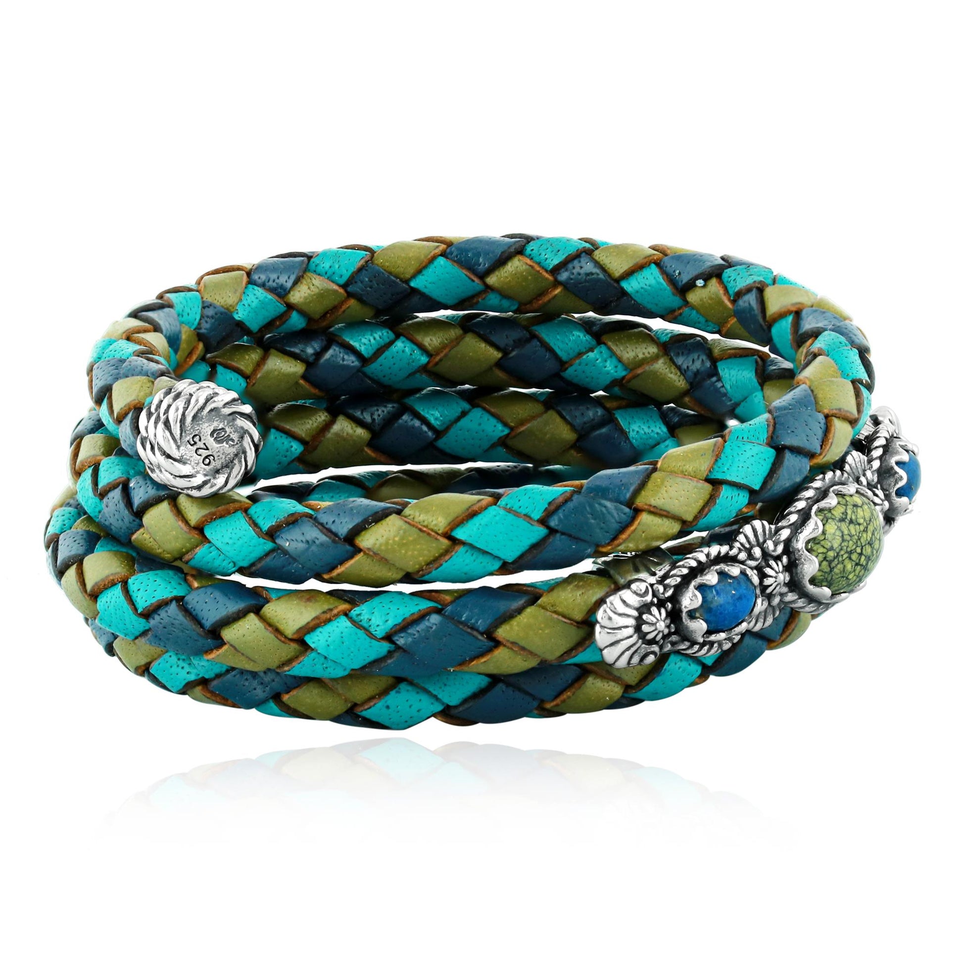 Sterling Silver Serpentine and Lapis Blue Tonal Braided Leather Wrap Bracelet