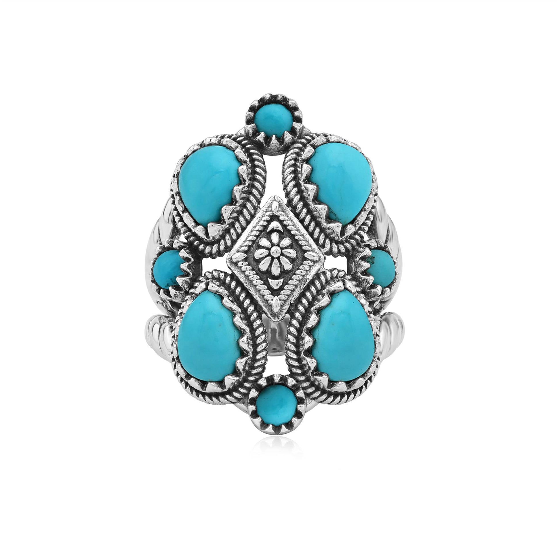 Sterling Silver Sleeping Beauty Turquoise 4 Pear and Round Cut Cluster Ring