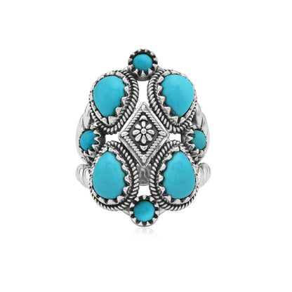Sterling Silver Sleeping Beauty Turquoise 4 Pear and Round Cut Cluster Ring