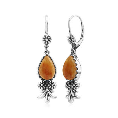 Sterling Silver Orange Spiny Oyster Teardrop Concha Squash Blossom Dangle Earrings