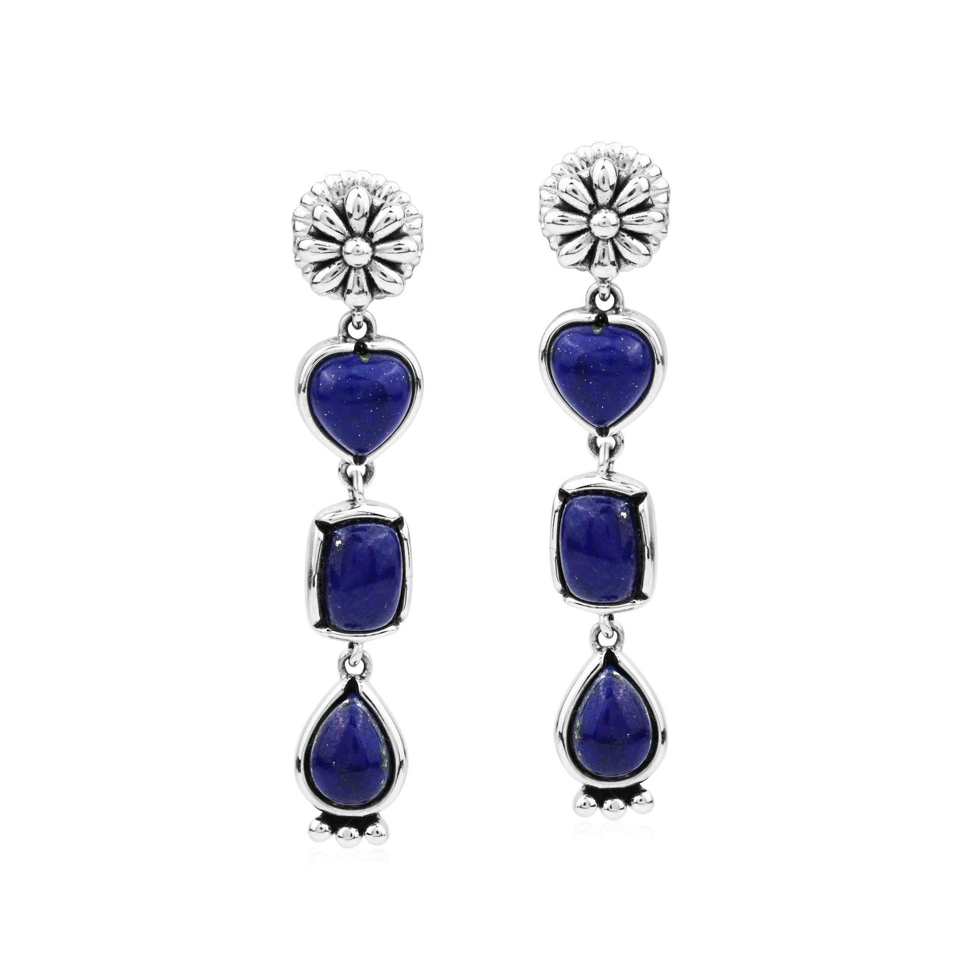 Sterling Silver Lapis Gemstone Heart, Rectangle and Pear Concha Post Dangle Earrings 